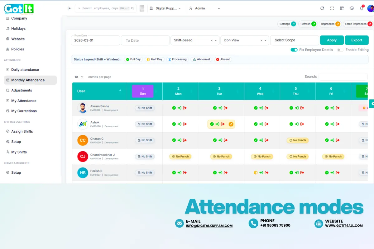 Attendance dashboard showing QR, geo, and biometric modes